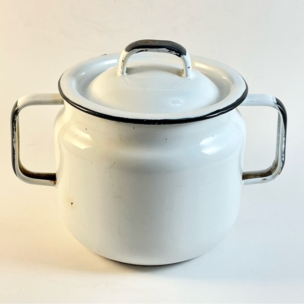 Small Vintage Black and White Enamel Pot